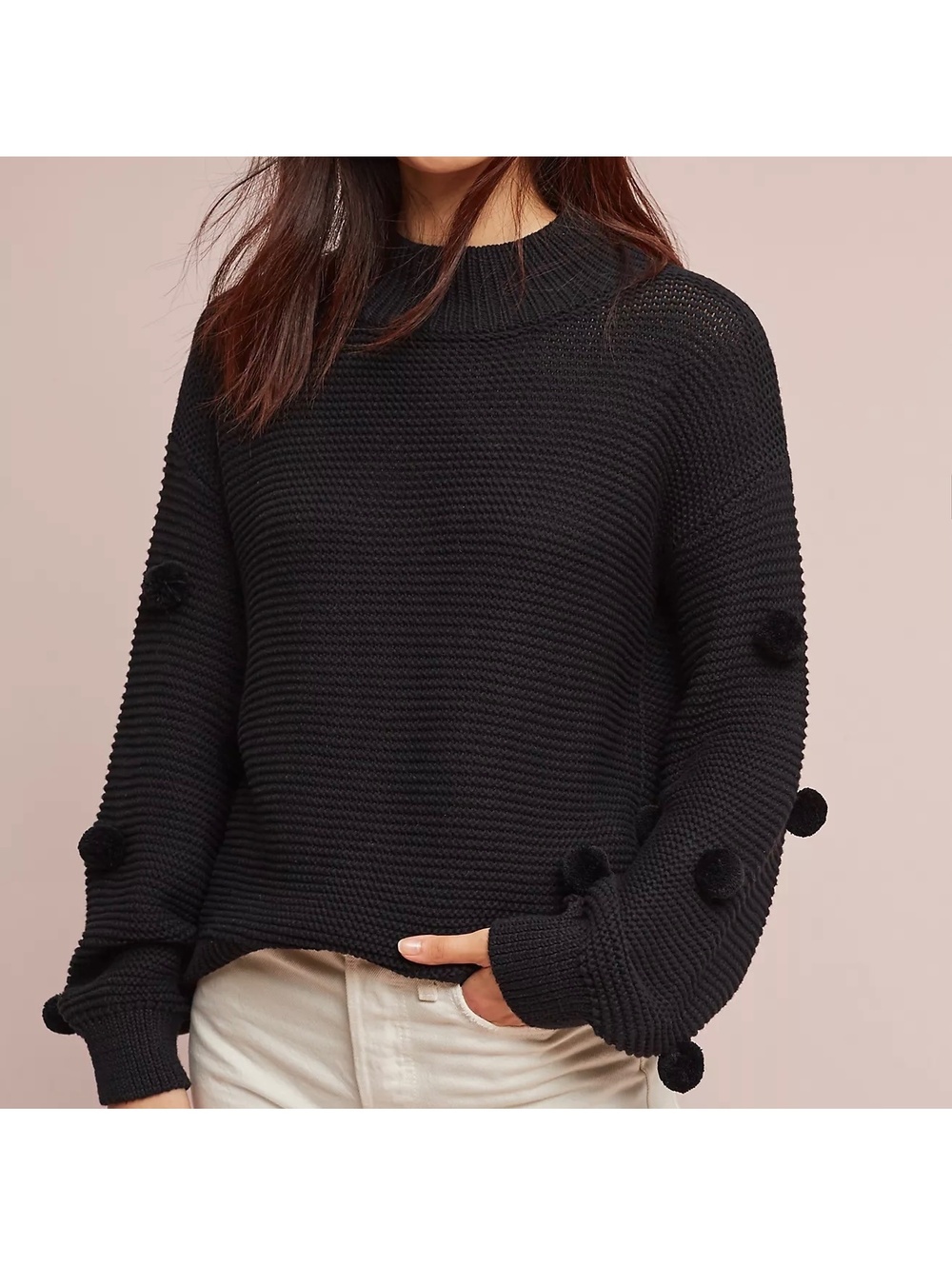 Anthropologie Moth Pommed Pullover Black Pom Pom Cotton Sweater Size S